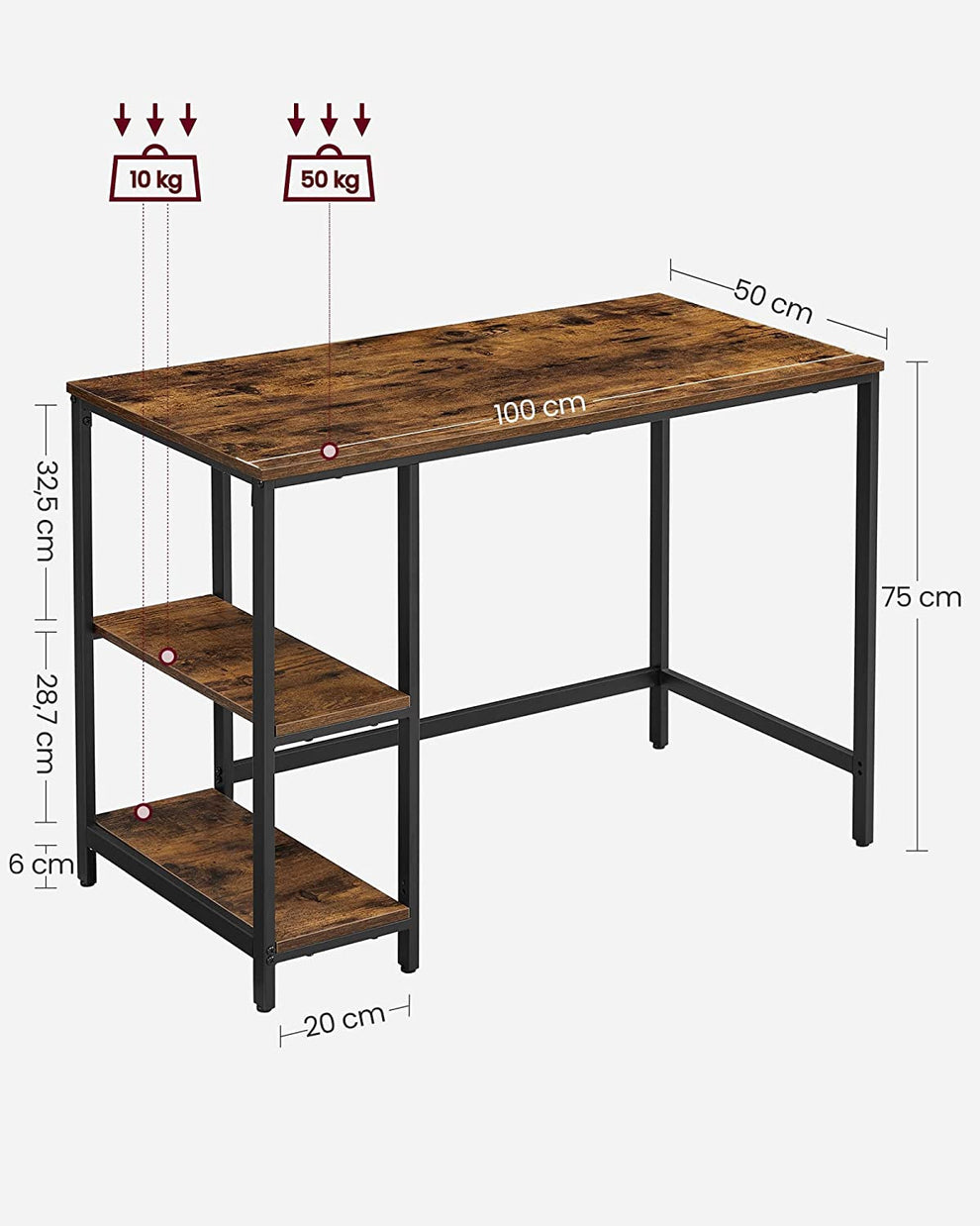 Birou Cu 2 Rafturi Pe Stanga/Dreapta, Maro Rustic Si Negru, 100 X 50 Cm
