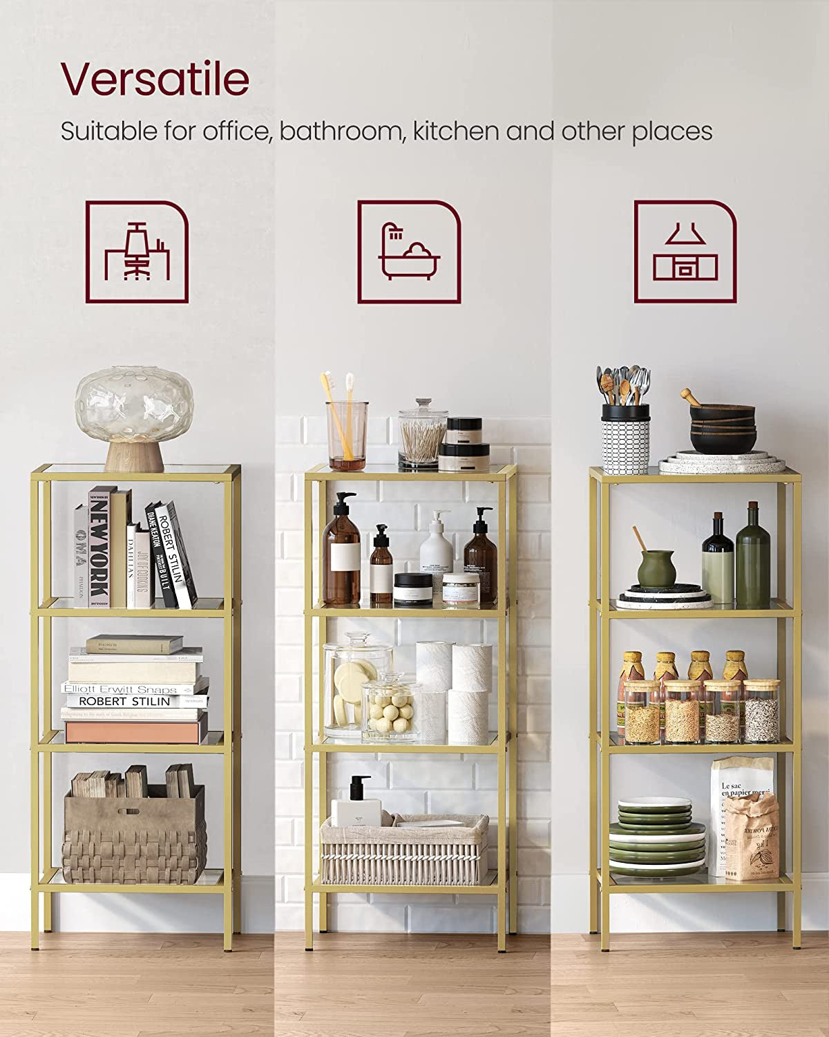 Raft Din Sticla Cu 4 Niveluri, Auriu, 40 Cm