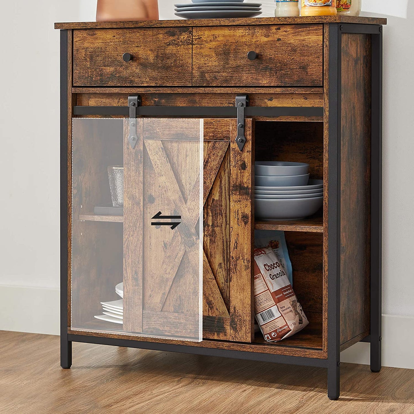 Dulap De Depozitare, Cu 1 Sertar Si Usa Glisanta De Hambar, Maro Rustic Si Negru, 70 Cm