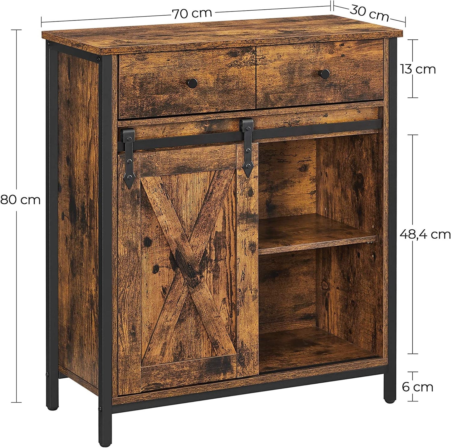 Dulap De Depozitare, Cu 1 Sertar Si Usa Glisanta De Hambar, Maro Rustic Si Negru, 70 Cm