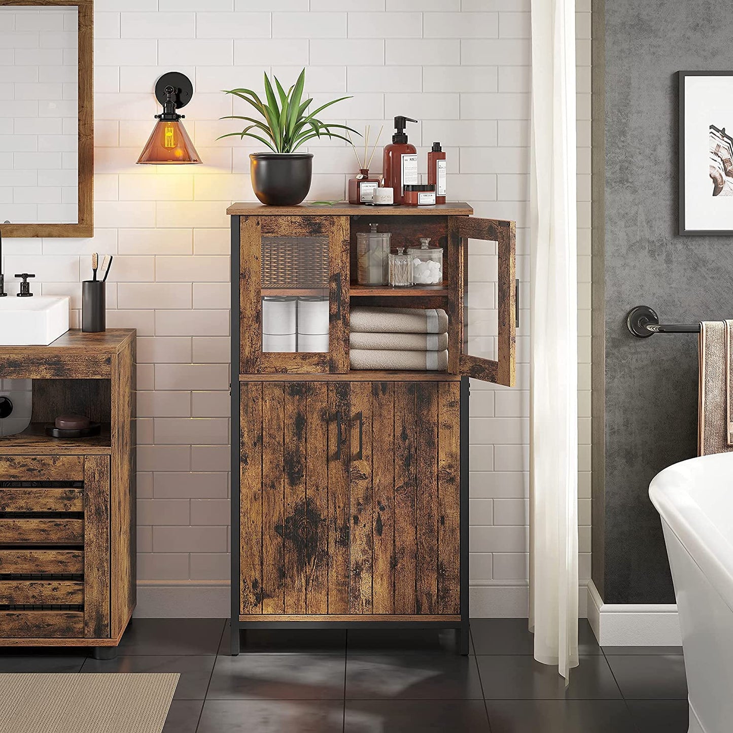 Dulap De Depozitare, Multifunctional, Maro Rustic Si Negru, 60 Cm