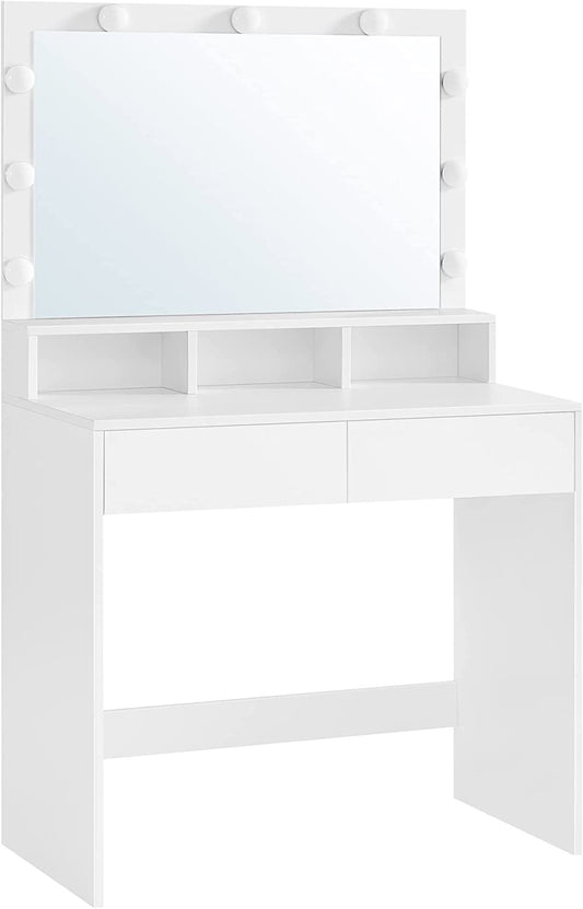 Masuta De Toaleta Cu Iluminare Led, Cu Oglinda, 2 Sertare Si 3 Compartimente, Alb, 80 Cm