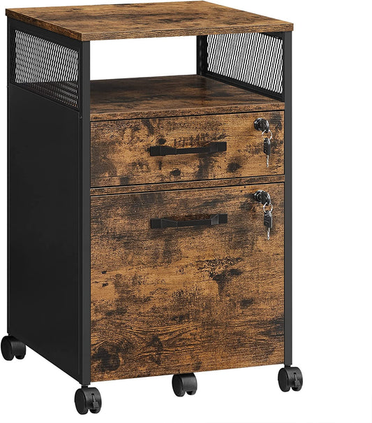 Dulap De Birou Mobil Cu 2 Sertare, Maro Rustic Si Negru, 42 Cm