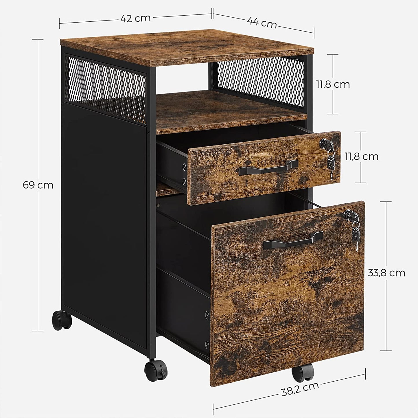 Dulap De Birou Mobil Cu 2 Sertare, Maro Rustic Si Negru, 42 Cm