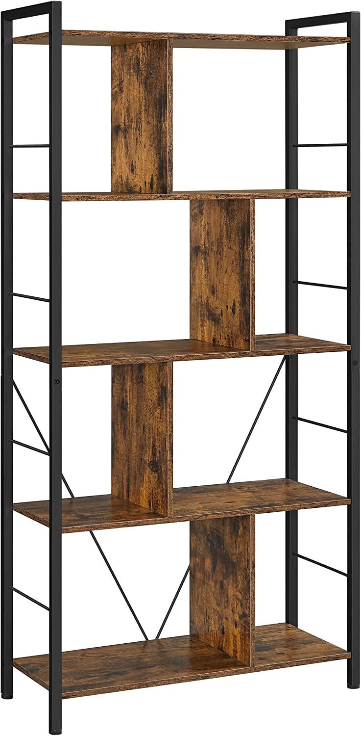 Biblioteca Cu 5 Niveluri, Maro Rustic Si Negru, 74 Cm