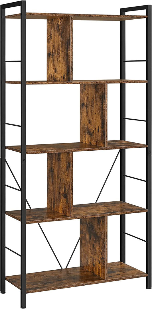 Biblioteca Cu 5 Niveluri, Maro Rustic Si Negru, 74 Cm