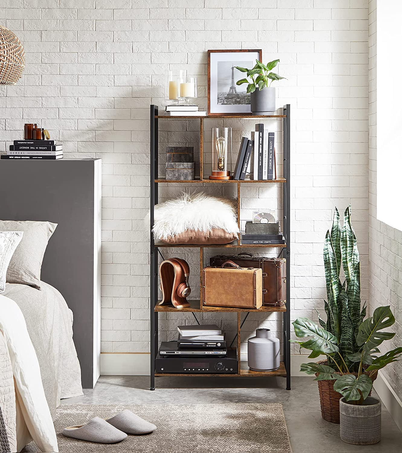 Biblioteca Cu 5 Niveluri, Maro Rustic Si Negru, 74 Cm