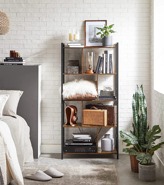 Biblioteca Cu 5 Niveluri, Maro Rustic Si Negru, 74 Cm
