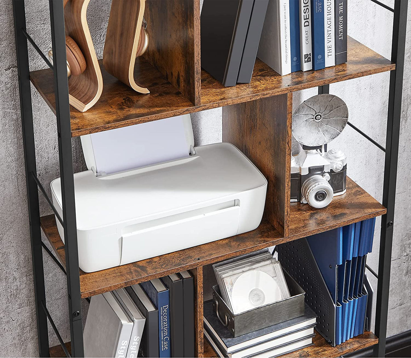 Biblioteca Cu 5 Niveluri, Maro Rustic Si Negru, 74 Cm
