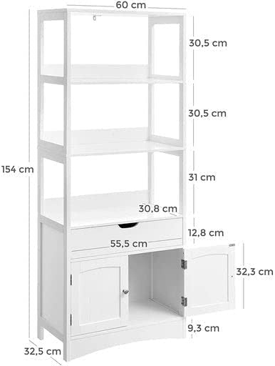 Dulap Inalt De Depozitare Pentru Baie, Cu 3 Rafturi, 1 Sertar Si 2 Usi, Alb, 60 Cm