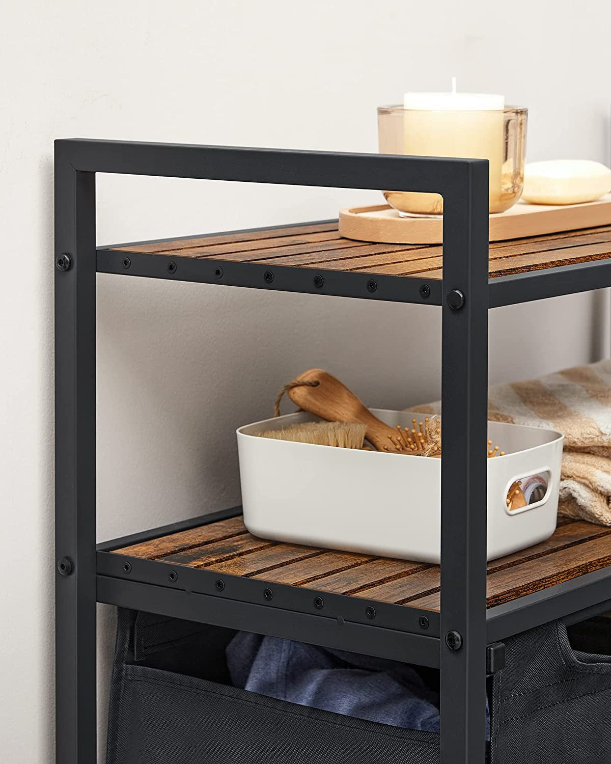 Cos De Rufe Cu 2 Rafturi De Depozitare, Maro Rustic Si Negru