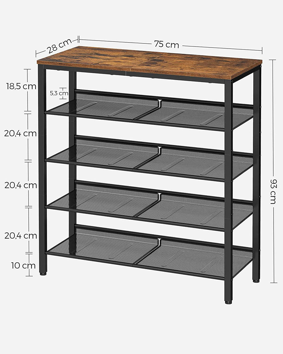 Suport Pentru Pantofi Cu 5 Niveluri, Cu Rafturi Reglabile, Maro Vintage Si Negru, 75 Cm