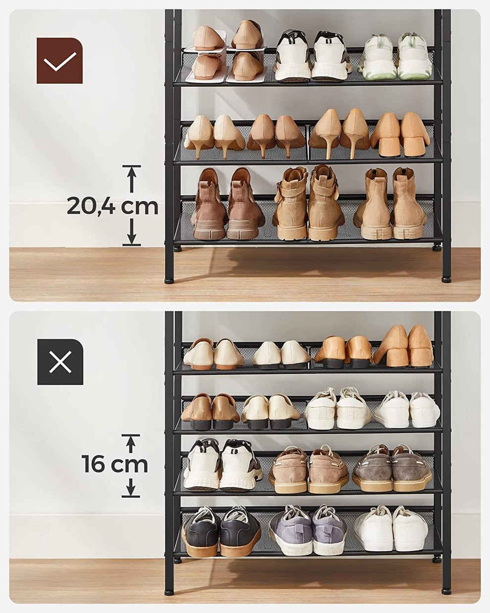 Suport Pentru Pantofi Cu 5 Niveluri, Cu Rafturi Reglabile, Maro Vintage Si Negru, 75 Cm