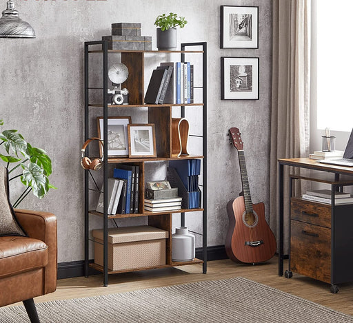 Biblioteca Cu 5 Niveluri, Maro Rustic Si Negru, 74 Cm