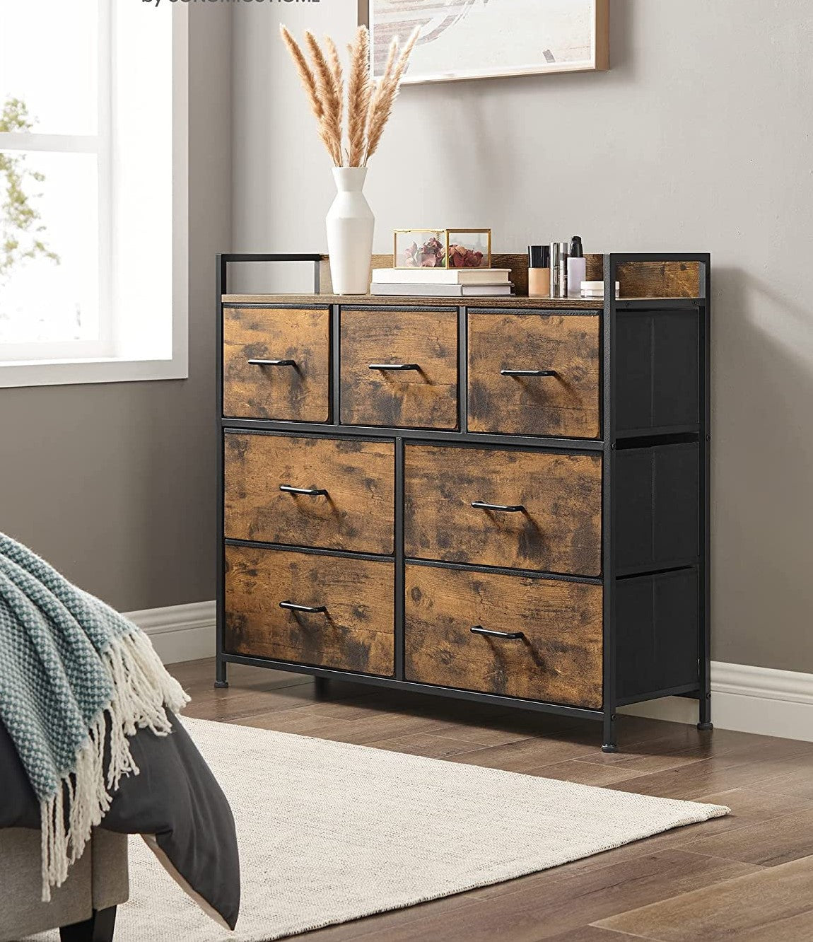 Comoda Cu 7 Sertare, Maro Rustic Și Negru, 98 Cm