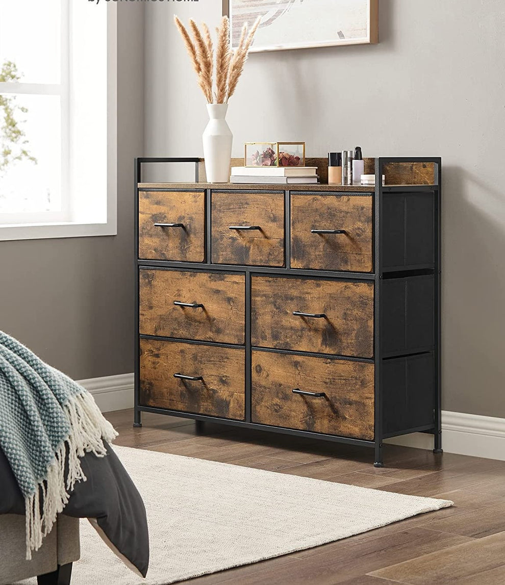 Comoda Cu 7 Sertare, Maro Rustic Și Negru, 98 Cm