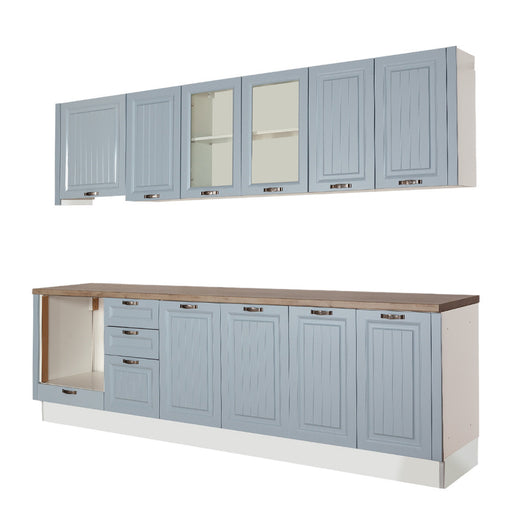 Bucatarie Malta Albastru Si Natur, Front Mdf Vopsit, 287 X 220 X 60 Cm