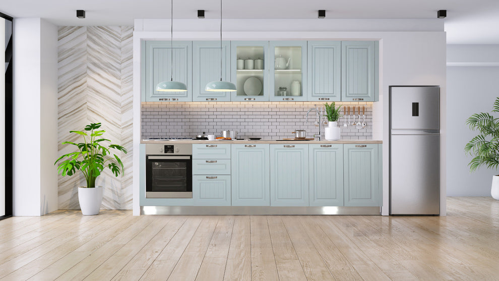 Bucatarie Malta Albastru Si Natur, Front Mdf Vopsit, 287 X 220 X 60 Cm