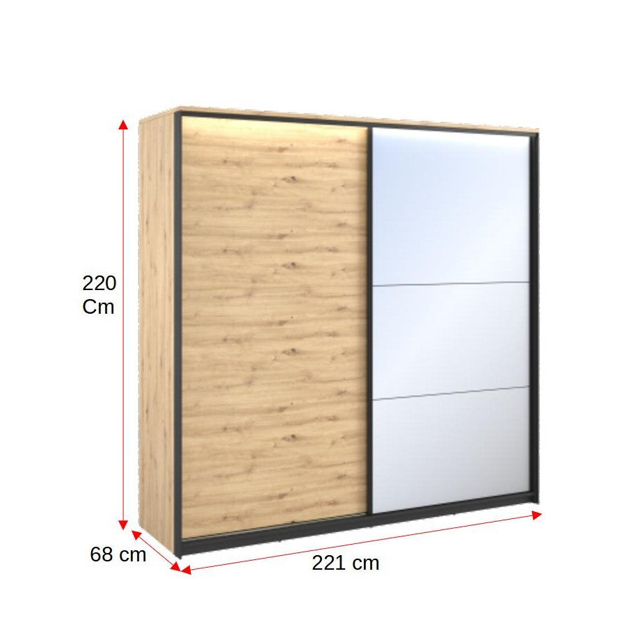 Dulap Vant Cu Led Cu 2 Usi Glisante, Stejar Artizan Si Negru, 221 Cm