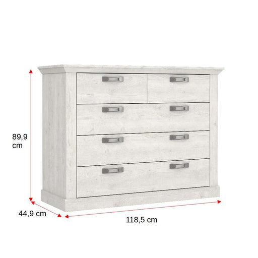 Comoda 5 Sertare Kashmir, Alb Antichizat, 118.5 Cm