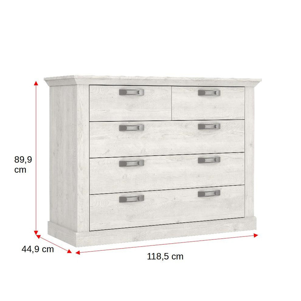 Comoda 5 Sertare Kashmir, Alb Antichizat, 118.5 Cm