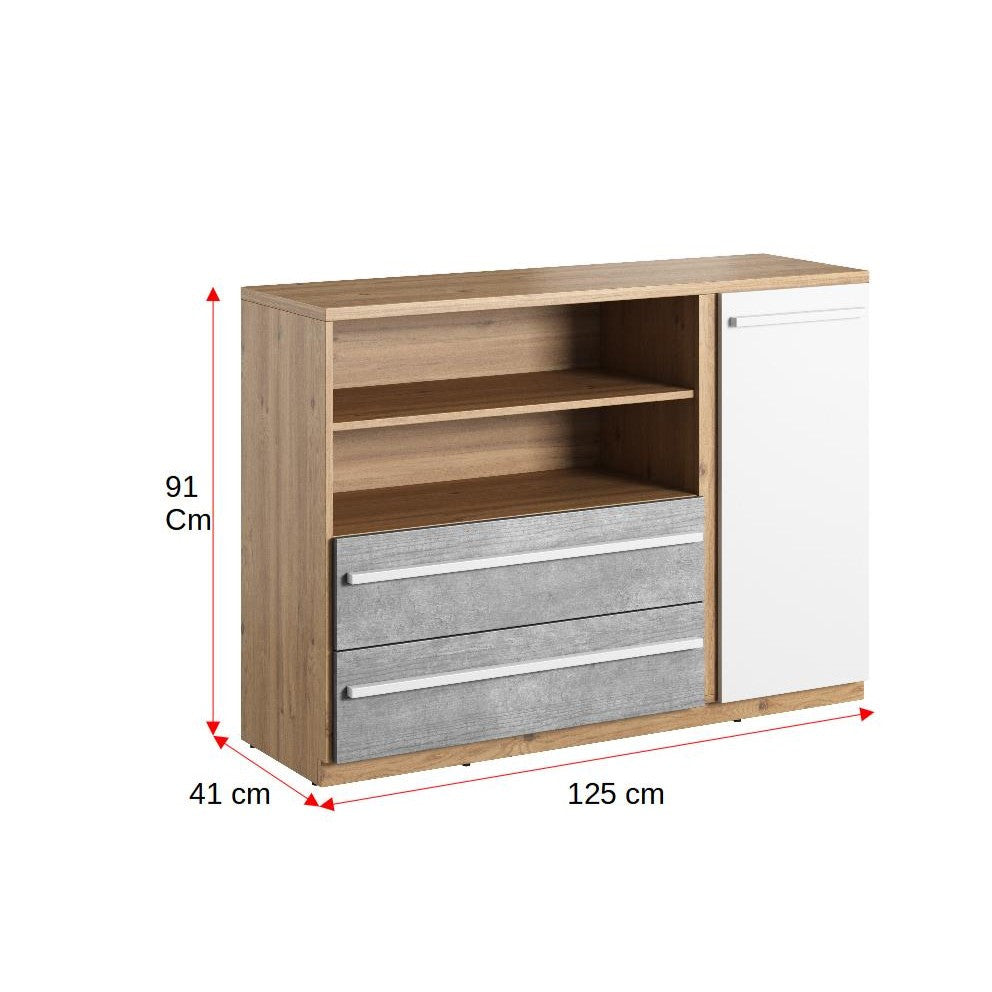 Comoda Piano Cu 1 Usa Si 2 Sertare, Stejar Nash, Alb Si Beton, 125 Cm