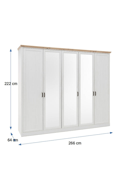 Dulap Cu Oglinda Cu 5 Usi Jasmine, Pin Alb Si Pin Antic, 266 Cm