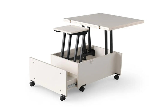 Masa Cafea Smart, Alba, Multifunctionala, Extensibila, Cu Roti, Cu Spatiu Depozitare, 75/150 Cm