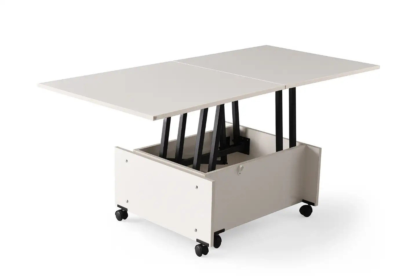 Masa Cafea Smart, Alba, Multifunctionala, Extensibila, Cu Roti, Cu Spatiu Depozitare, 75/150 Cm
