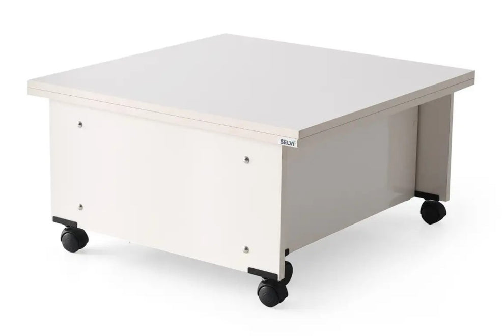 Masa Cafea Smart, Alba, Multifunctionala, Extensibila, Cu Roti, Cu Spatiu Depozitare, 75/150 Cm