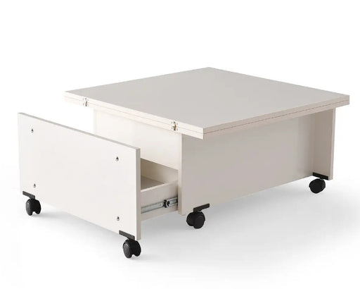 Masa Cafea Smart, Alba, Multifunctionala, Extensibila, Cu Roti, Cu Spatiu Depozitare, 75/150 Cm