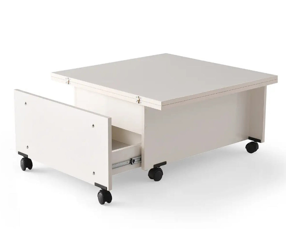 Masa Cafea Smart, Alba, Multifunctionala, Extensibila, Cu Roti, Cu Spatiu Depozitare, 75/150 Cm