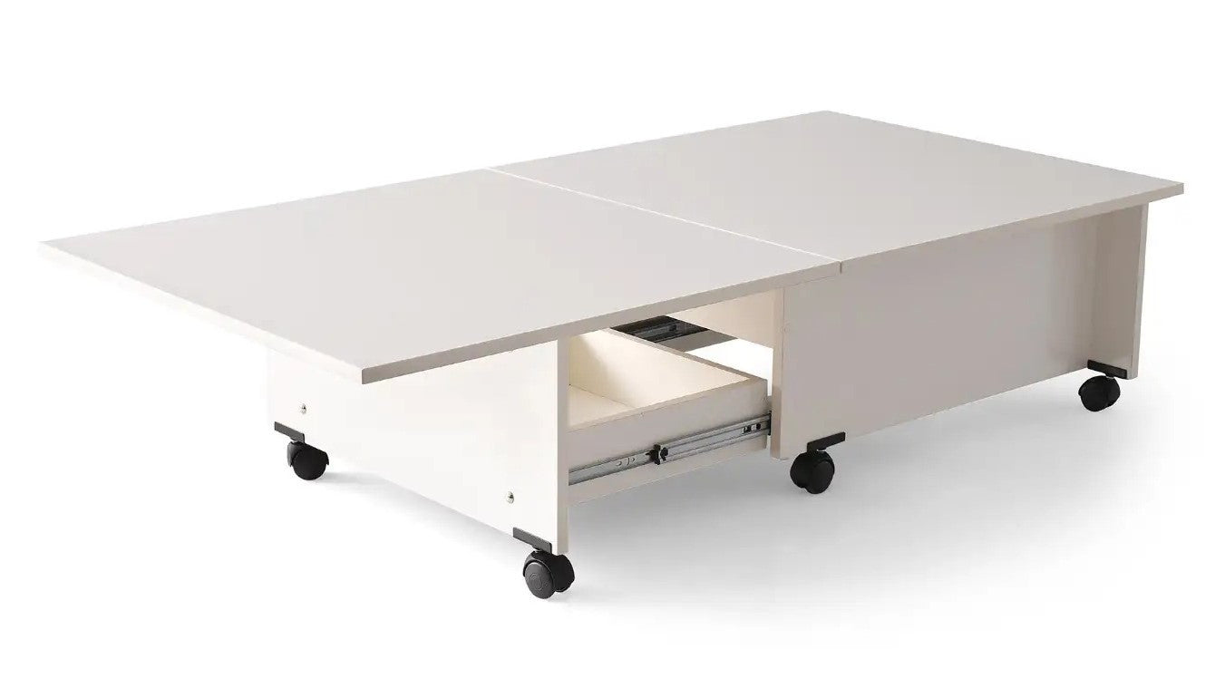 Masa Cafea Smart, Alba, Multifunctionala, Extensibila, Cu Roti, Cu Spatiu Depozitare, 75/150 Cm