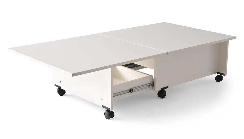 Masa Cafea Smart, Alba, Multifunctionala, Extensibila, Cu Roti, Cu Spatiu Depozitare, 75/150 Cm