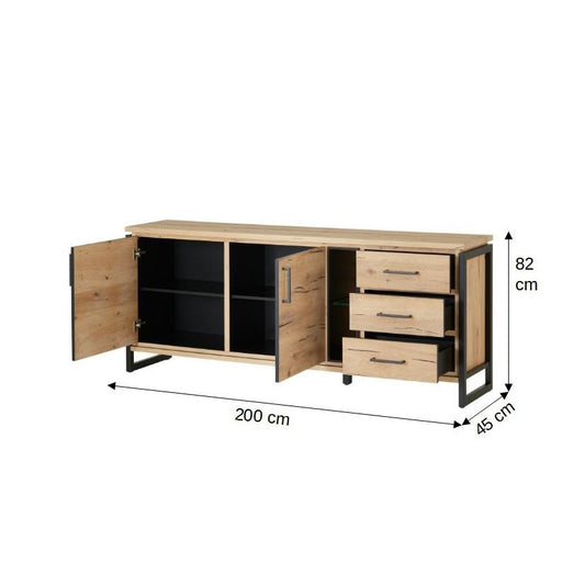 Bufet Cu 2 Usi Si 3 Sertare Reno Smoked Oak, Furnir Din Lemn Masiv, 200 Cm