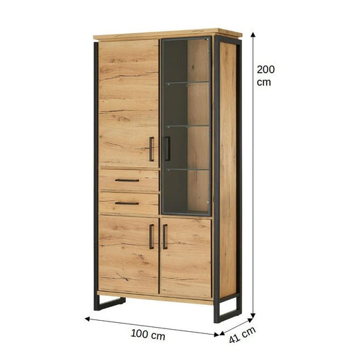 Vitrina Cu 3 Usi Si 2 Sertare Reno, Smoked Oak, Furnir Din Lemn Masiv, 100 Cm