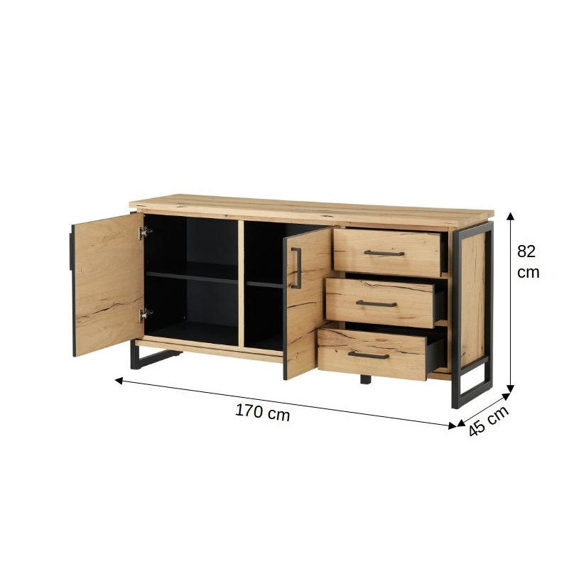 Bufet Cu 2 Usi Si 3 Sertare Reno Smoked Oak, Furnir Din Lemn Masiv, 170 Cm