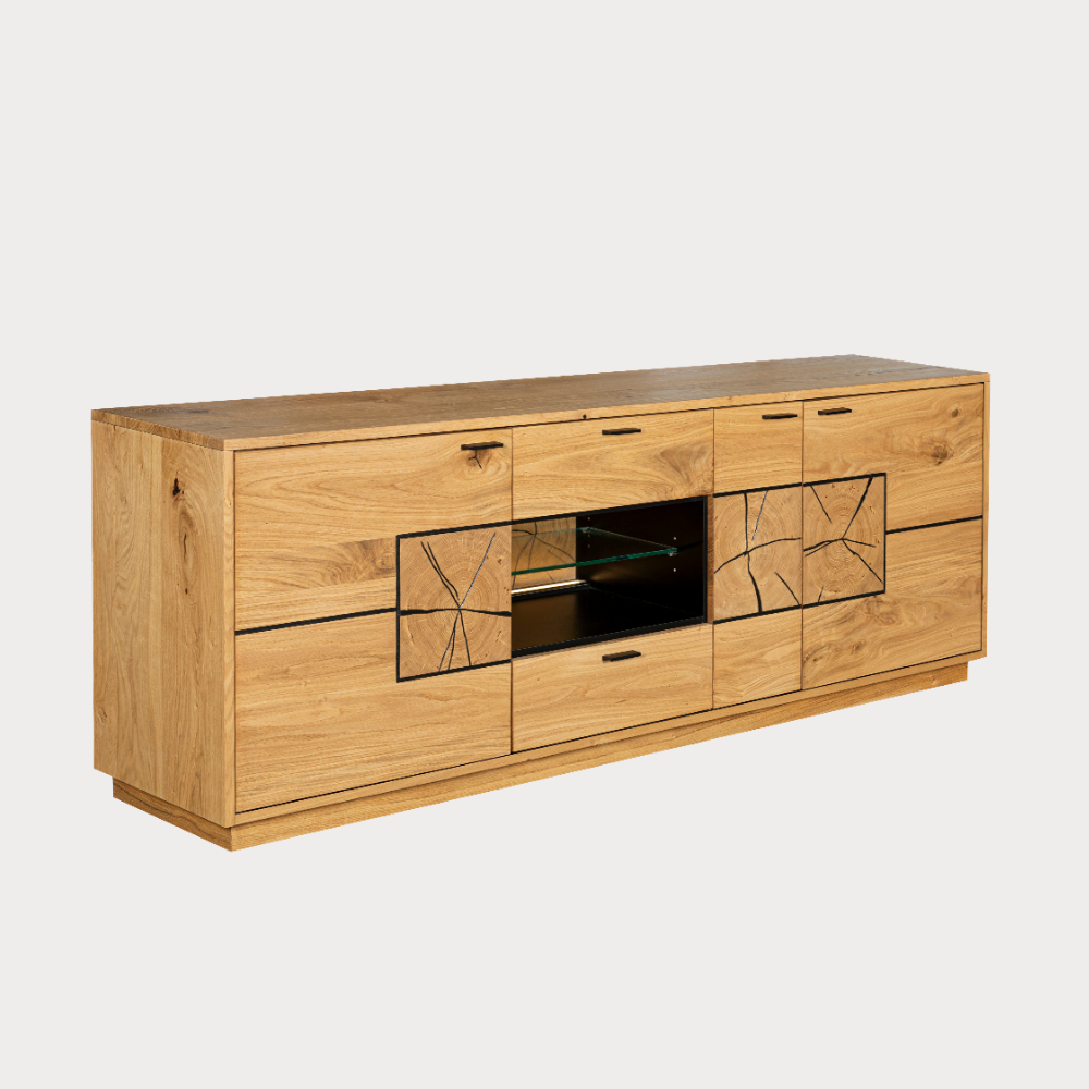 Comoda Tv Urbano Oak Cu 3 Usi, 2 Sertare Si 1 Nisa, Stejar Rustic Si Negru, 195 Cm