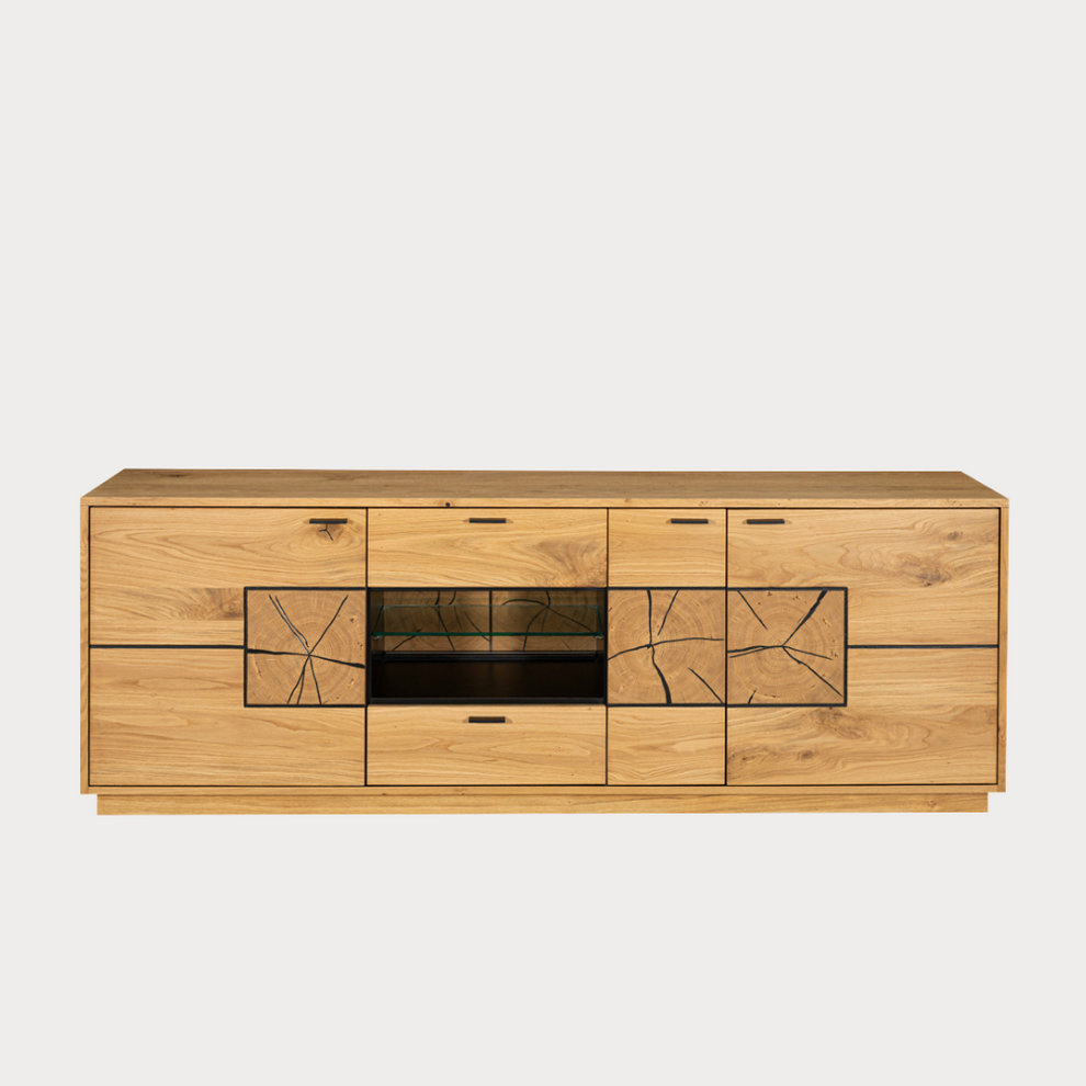 Comoda Tv Urbano Oak Cu 3 Usi, 2 Sertare Si 1 Nisa, Stejar Rustic Si Negru, 195 Cm