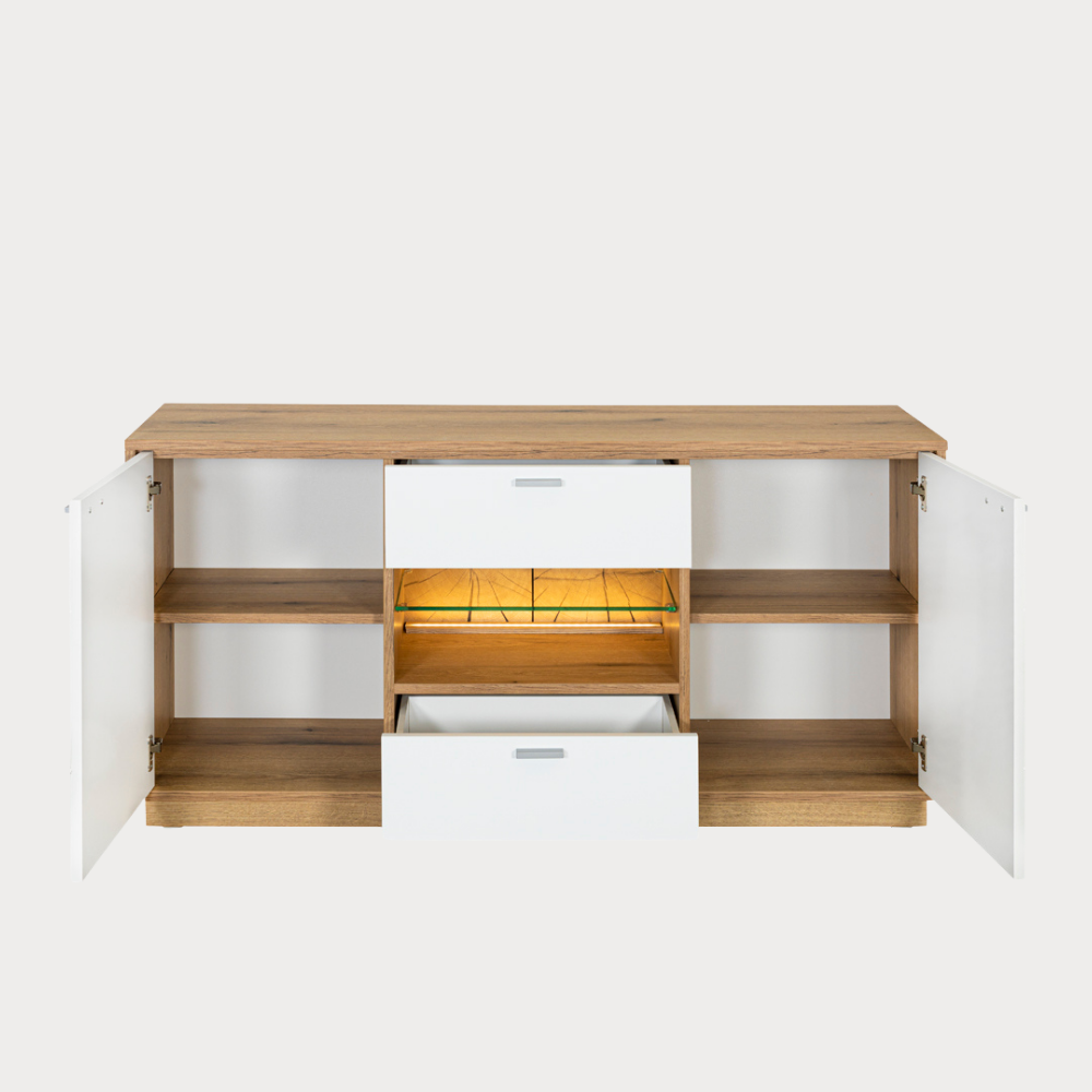 Comoda Tv Urbano White Cu 2 Usi, 2 Sertare Si 1 Nisa Alb Si Natur, 140 Cm