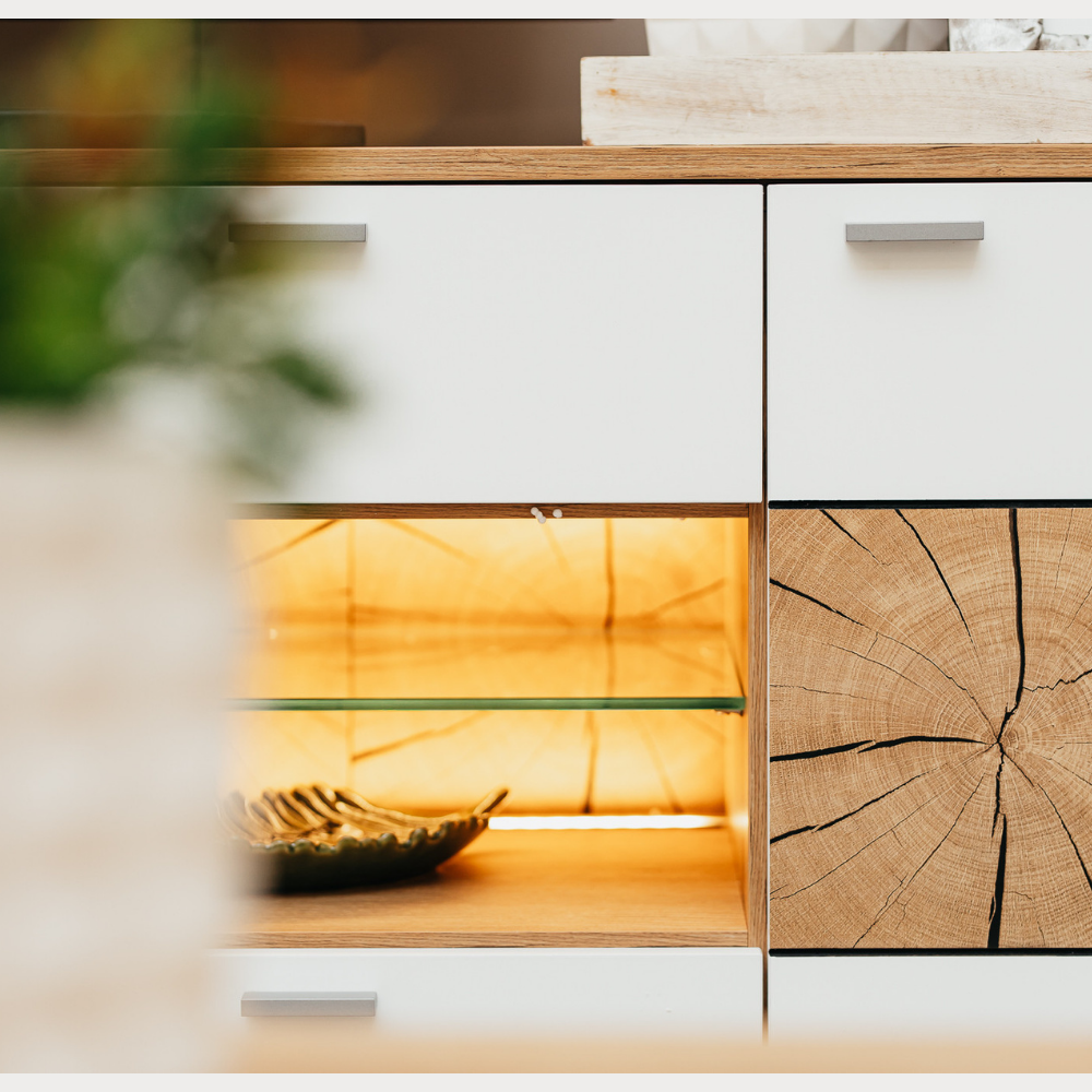 Comoda Tv Urbano White Cu 2 Usi, 2 Sertare Si 1 Nisa Alb Si Natur, 140 Cm
