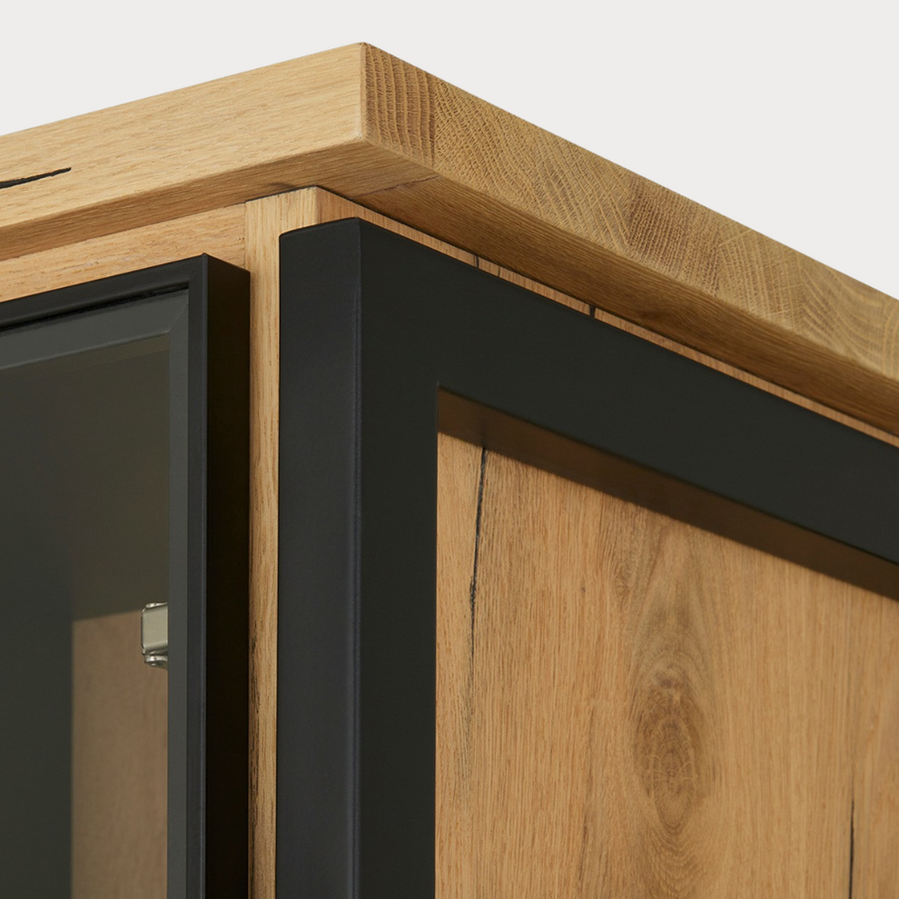 Vitrina Cu 3 Usi Si 2 Sertare Reno, Smoked Oak, Furnir Din Lemn Masiv, 100 Cm