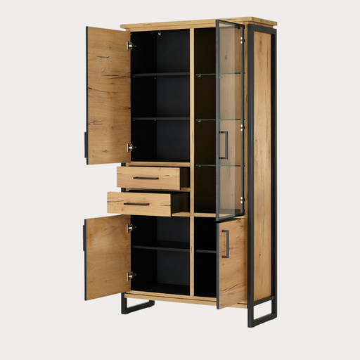 Vitrina Cu 3 Usi Si 2 Sertare Reno, Smoked Oak, Furnir Din Lemn Masiv, 100 Cm