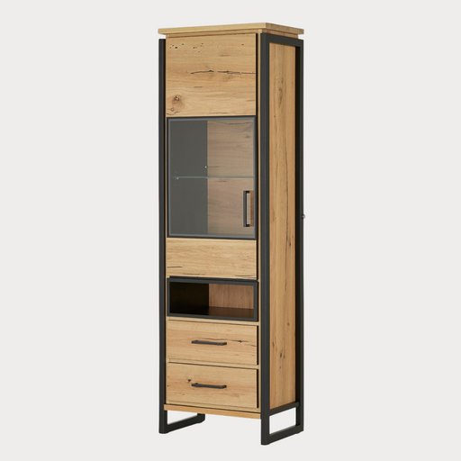 Vitrina Stanga Reno Cu 1 Usa Si 2 Sertare, Smoked Oak, 60 Cm