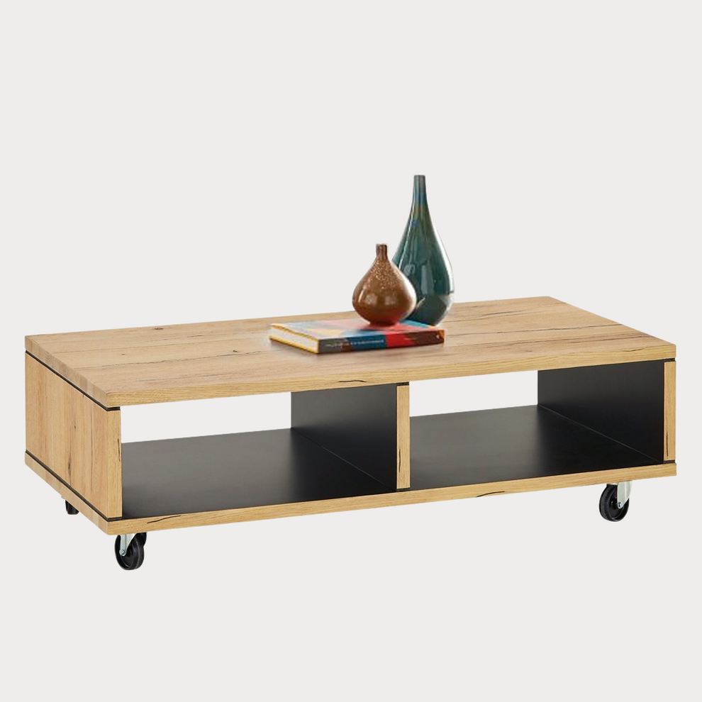Masa Cafea Reno Cu 2 Nise, Smoked Oak, Furnir Din Lemn Masiv, 120 Cm