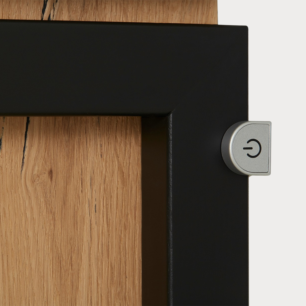 Bufet Reno 235.1x45x82 cm, Furnir Lemn Stejar Afumat si Negru, Mobila Sufragerie, 3 Usi 2 Sertare, Inchidere Silentioasa