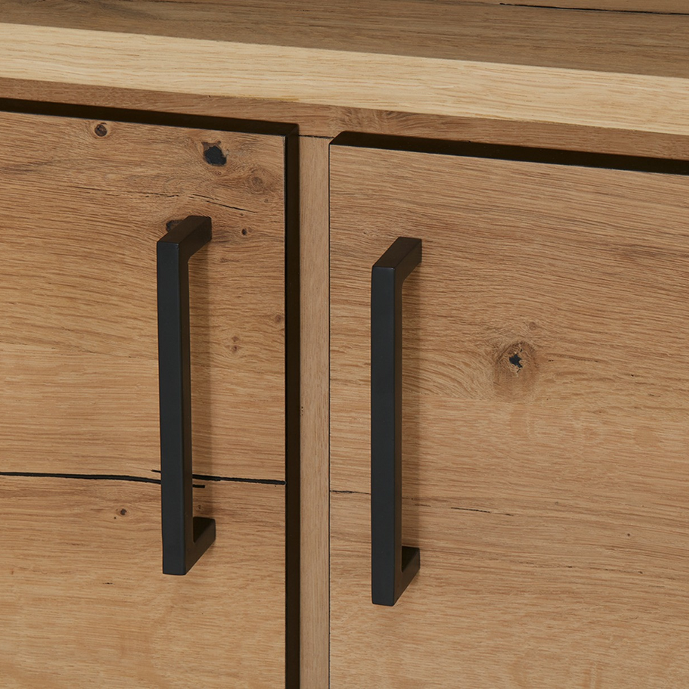 Bufet Reno 235.1x45x82 cm, Furnir Lemn Stejar Afumat si Negru, Mobila Sufragerie, 3 Usi 2 Sertare, Inchidere Silentioasa