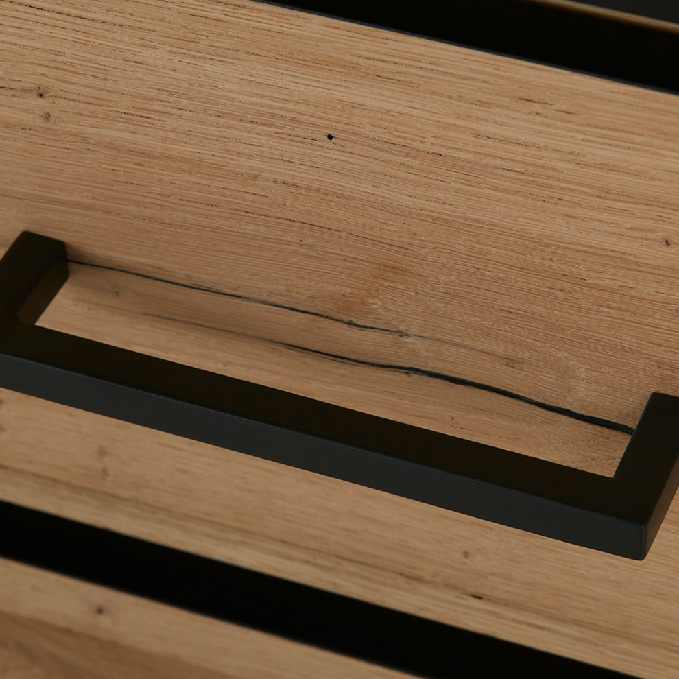 Bufet Reno 235.1x45x82 cm, Furnir Lemn Stejar Afumat si Negru, Mobila Sufragerie, 3 Usi 2 Sertare, Inchidere Silentioasa