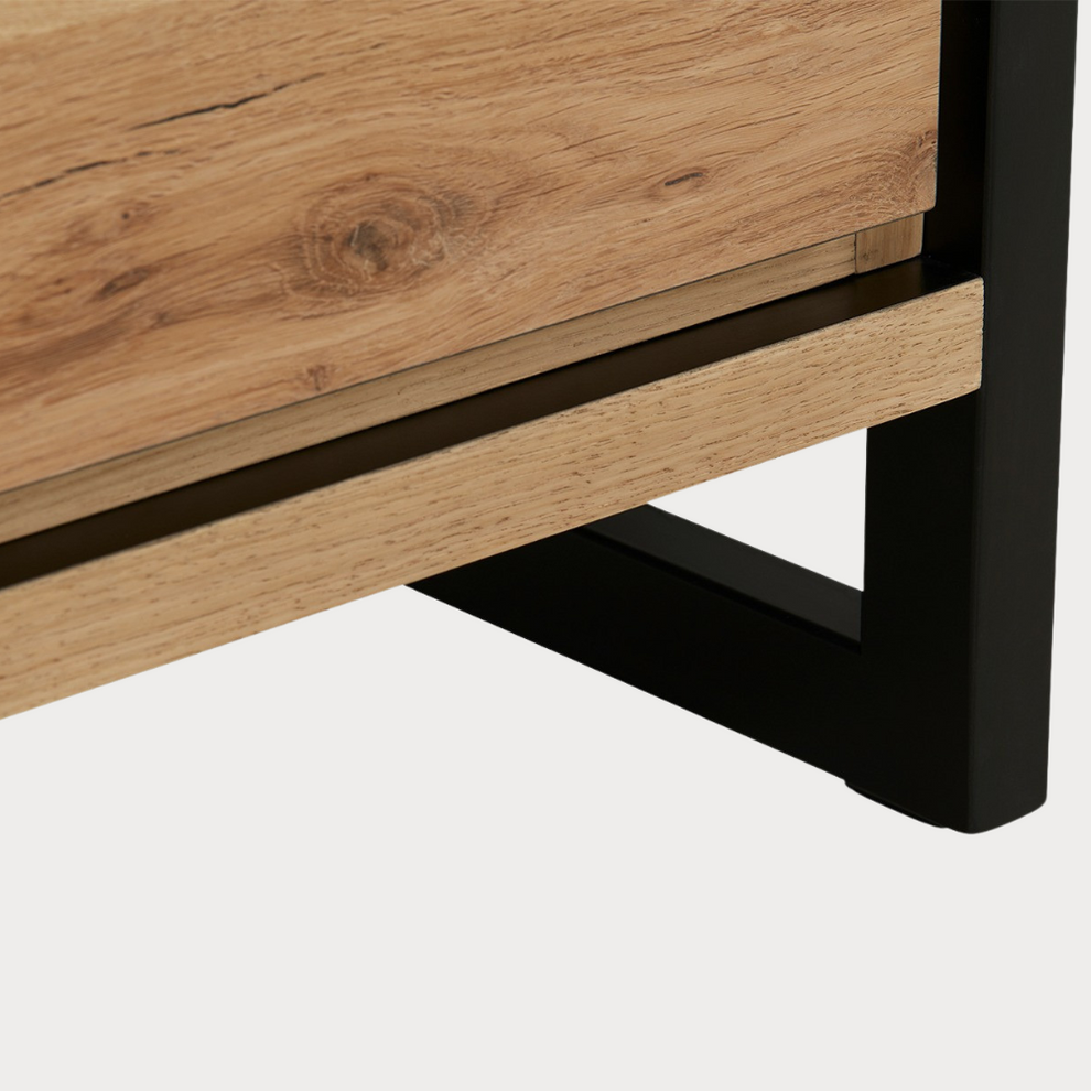 Bufet Reno 235.1x45x82 cm, Furnir Lemn Stejar Afumat si Negru, Mobila Sufragerie, 3 Usi 2 Sertare, Inchidere Silentioasa