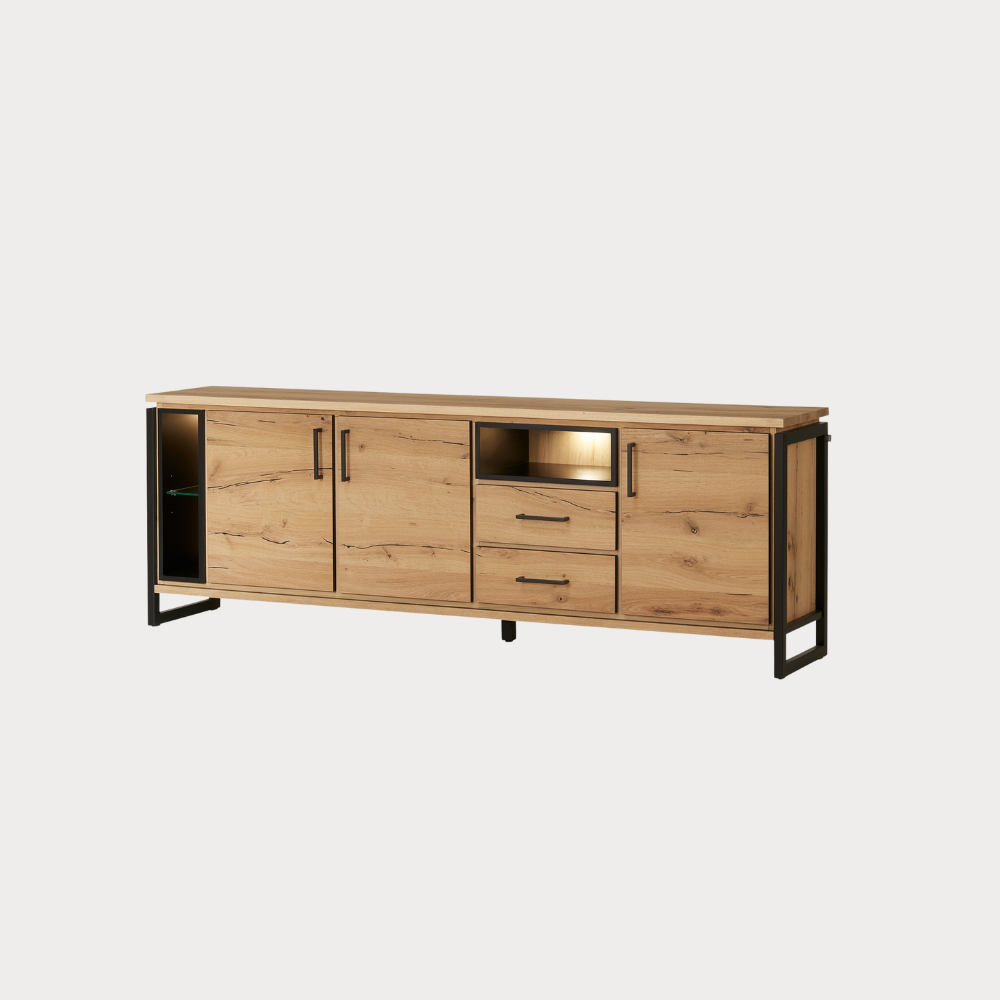 Bufet Reno 235.1x45x82 cm, Furnir Lemn Stejar Afumat si Negru, Mobila Sufragerie, 3 Usi 2 Sertare, Inchidere Silentioasa